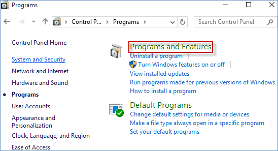 Click on the program and features in a Windows 10/11 computer