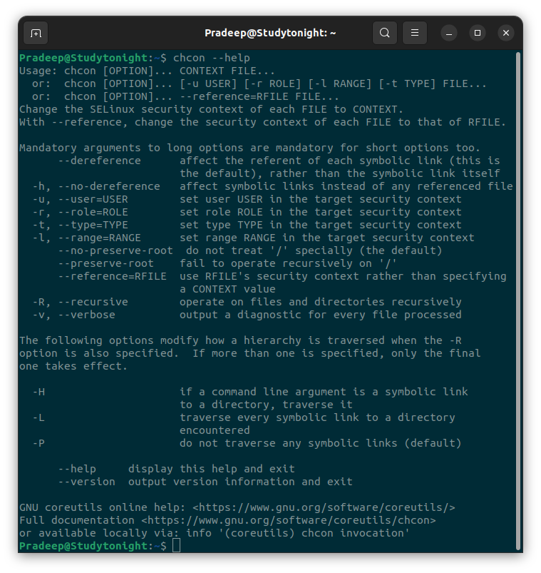 Running chcon command in Linux terminal